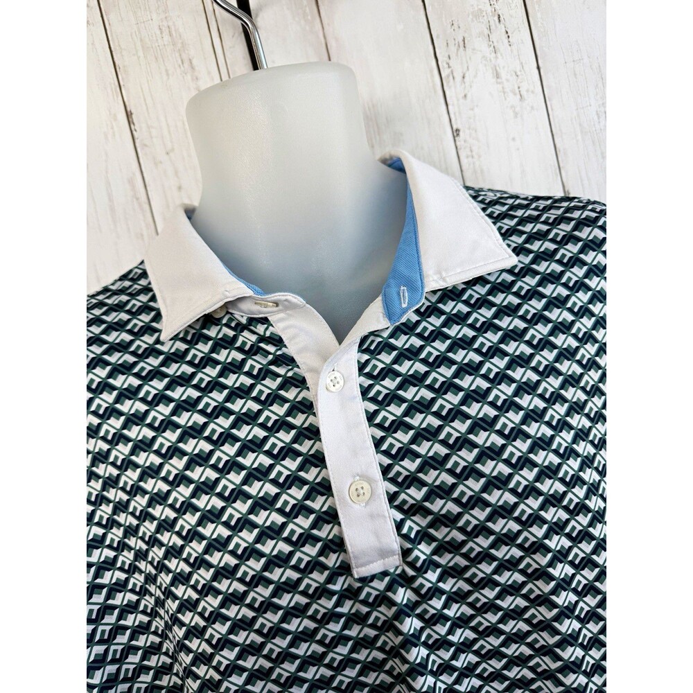 Rhone Men’s Polo Shirt Geometric Blue White XL Short Sleeve Collared Button
